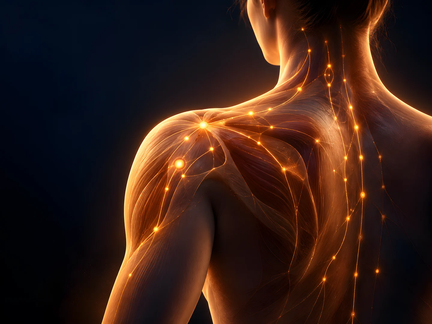 Minh họa hệ thống kinh lạc và các điểm điều trị trên vùng vai